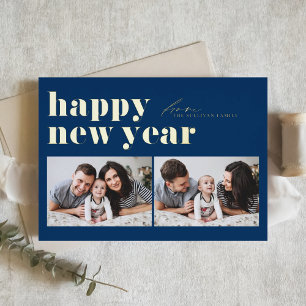 Carte De Vœux En Aluminium Typographie Rétro Bleue Bonne Année Deux Photo
