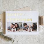 Carte De Vœux En Aluminium Typographie rétro Joyeux Noël Deux photos<br><div class="desc">Joyeux Noël! Envoyez vos voeux de Noël à votre famille et à vos amis avec cette carte de Noël personnalisable. Il présente une typographie rétro et audacieuse. Personnalisez en ajoutant vos détails. Cette carte de Noël en feuille d'or est disponible sur d'autres cartes. Des éléments correspondants sont disponibles.</div>