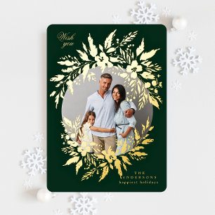 Carte De Vœux En Aluminium verdure élégante couronne d'or photo joyeux noël