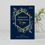 Carte De Vœux En Aluminium Vert doré sur bleu marine | JOYEUSES FÊTES (Debout devant)