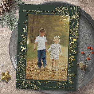 Carte De Vœux En Aluminium Vert Forest et Or   Photo de Noël verticale