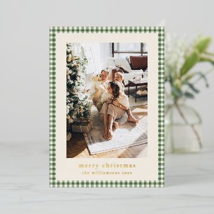 Carte De Vœux En Aluminium Vert Gingham Carreaux Or Joyeux Noël Famille