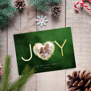 Carte De Vœux En Aluminium Vert moderne Joyful Christmas Heart Wreath Photo