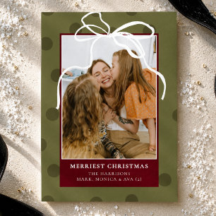 Carte De Vœux En Aluminium Vert olive Bordeaux Nœud Famille Photo Noël