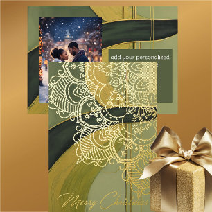 Carte De Vœux En Aluminium Vert or noir élégant Filigree Photo de Noël
