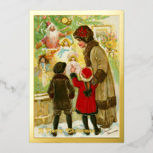 Carte De Vœux En Aluminium Vintage 1912 Mère et Enfant Joyeux Noël Or