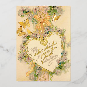 Carte De Vœux En Aluminium Vintage cœur de la Saint-Valentin, rubans et papil