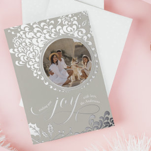Carte De Vœux En Aluminium Vintage Holly One Photo Repose Grey Christmas Joie