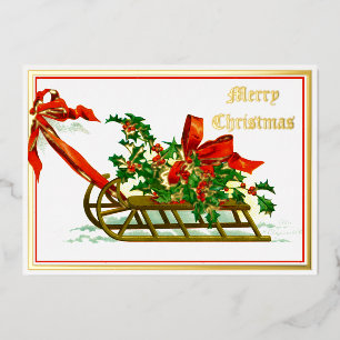 Carte De Vœux En Aluminium Vintage traîneau avec Holly Christmas