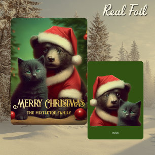 Carte De Vœux En Aluminium Vrai Ours et Petit Chat Noir de Noël Vintage en Fe