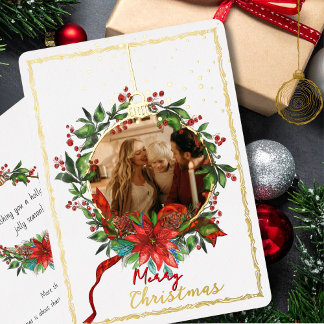 Carte De Vœux En Aluminium Watercolor Gold Foil Holly Wreath Photo Card