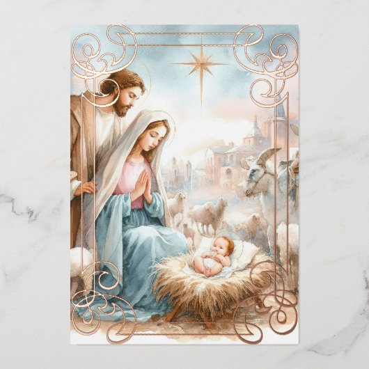 Carte De Vœux En Aluminium Watercolor Nativity Scene (Recto)