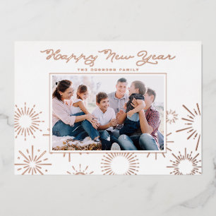 Carte De Vœux En Aluminium Whimsical Fireworks Photo Happy New Year Rose Gold