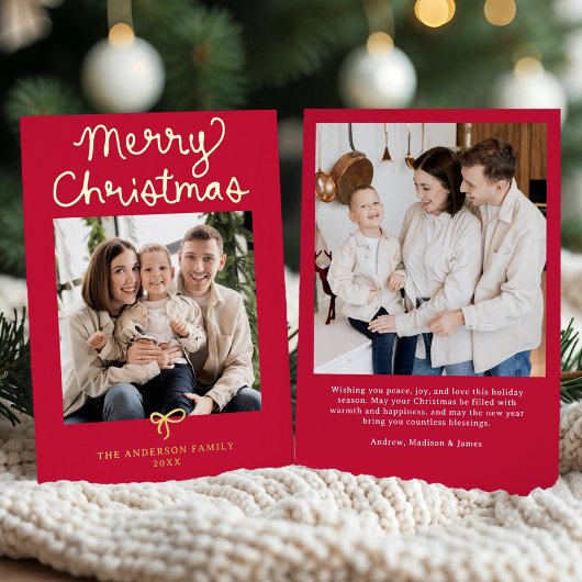 Carte De Vœux En Aluminium Whimsical Script Bow Red Christmas 2 Photo