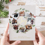 Carte De Vœux En Aluminium Wreath | Collage de photos<br><div class="desc">Un design festif de cartes de vacances qui comprend huit de vos photos préférées arrangées dans un design rond de couronne accentué par le feuillage vert aquarelle, les cônes de pin et les baies rouges sèches sur un arrière - plan blanc chaleureux. "Joy" apparaît au centre dans la fabuleuse feuille...</div>