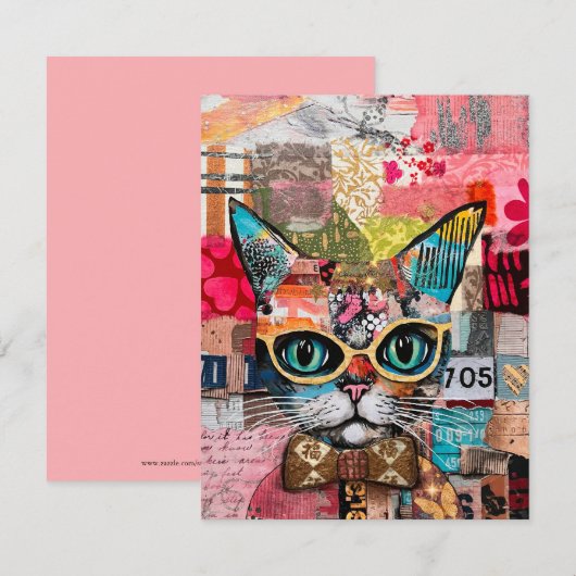 Carte de vœux en collage de papier mixte chat (Devant / Derrière)