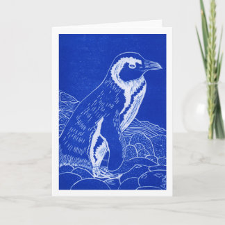 Carte de voeux en linocut bleu pingouin africain
