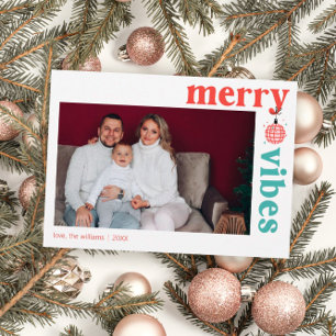 Carte de vœux familiale rétro Merry Vibes pour les