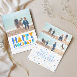 Carte de vœux festive de fêtes avec collage de pho<br><div class="desc">La carte de vœux festive de fêtes avec collage de photos colorées présente un design amusant bleu et or, avec de la place pour une photo chérie sur le devant et quatre autres photos au dos. Personnalisez le message pour envoyer des vœux chaleureux de fêtes à vos proches d'une manière...</div>