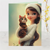 CARTE DE VOEUX FILLE CHAT PENSÉE CHRÉTIENNE (Fleur jaune)
