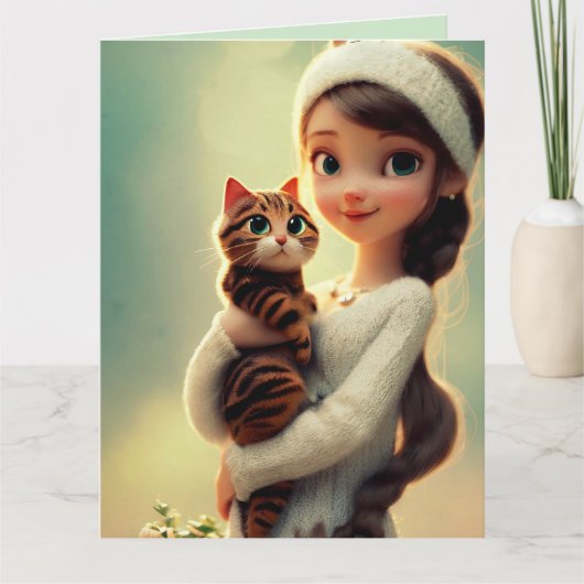 CARTE DE VOEUX FILLE CHAT PENSÉE CHRÉTIENNE (Devant)