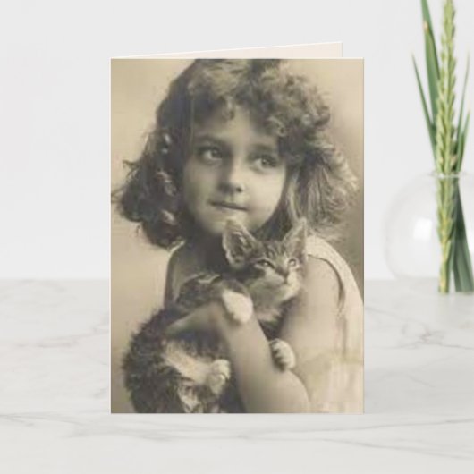 CARTE DE VŒUX FILLE SUCRÉE VINTAGE ET CHAT (Devant)