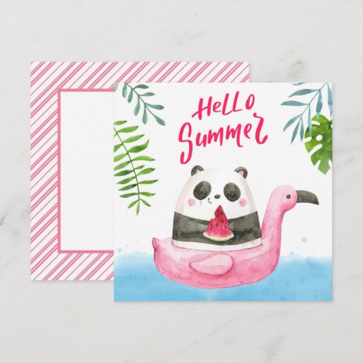 Carte de vœux flamant rose panda d'été (Devant / Derrière)