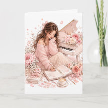 Carte de vœux florale au piano rose tendre
