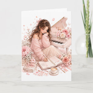 Carte de vœux florale au piano rose tendre
