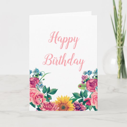 Carte de voeux florale. Fleurs roses heureux anniv (Devant)