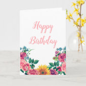Carte de voeux florale. Fleurs roses heureux anniv (Fleur jaune)