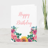 Carte de voeux florale. Fleurs roses heureux anniv