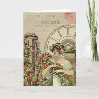 Carte de voeux française vintage de roses de fille