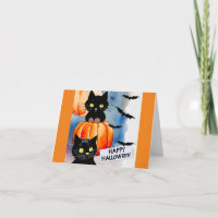Carte de vœux Halloween Chats et Chauves-souris