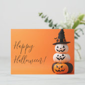 Carte de vœux Halloween Citrouilles avec un chapea (Debout devant)