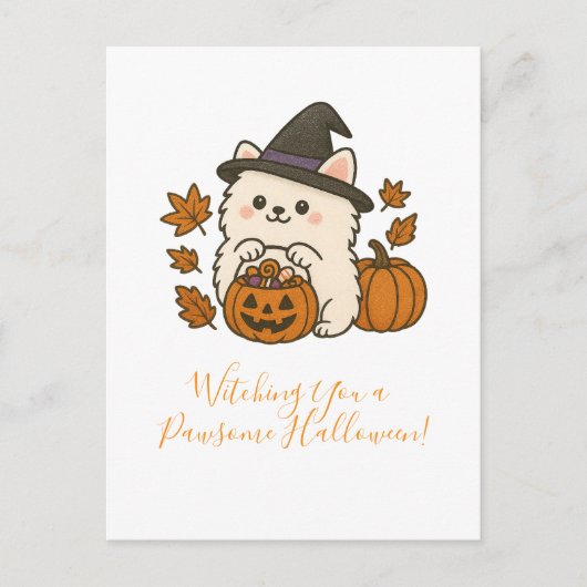 Carte de voeux Halloween - Pomeranian avec chapeau (Devant)