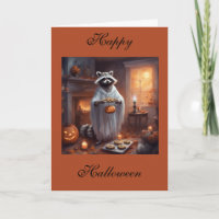 Carte de vœux Halloween Raton laveur fantôme flott