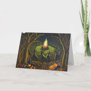 Carte de voeux Halloween, sorcières, four, étoiles