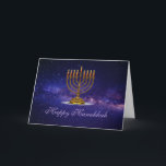 Carte de voeux Hanoukka avec belle Menorah<br><div class="desc">Hanoukka Carte de voeux avec belle menorah avec bougie brillante. éclairer le ciel sombre.</div>