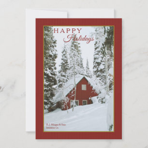Carte de vœux hivernale de chalet rouge enneigé