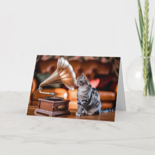 Carte de vœux jolie chat tigré gramophone