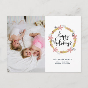 Carte de vœux Joyeuses Fêtes à couronne rose Car