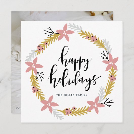 Carte de vœux Joyeuses Fêtes Couronne rose | Carte (Devant / Derrière)