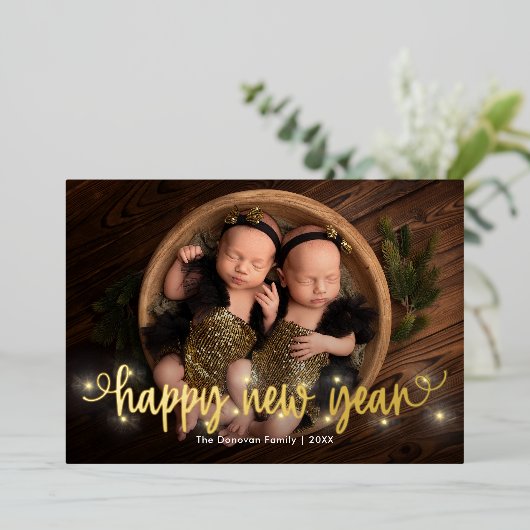 Carte de vœux Joyeux Nouvel An avec feuille d'alum (Debout devant)