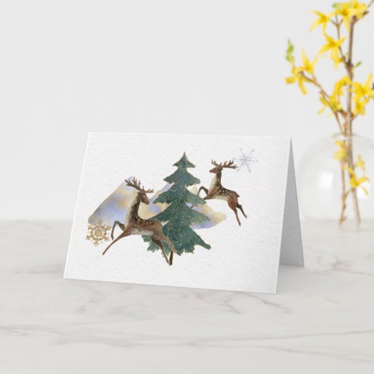 Carte de voeux Jumping Reindeer Winter Landscape (Fleur jaune)