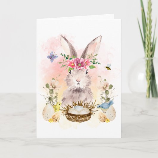 Carte de vœux lapin floral aquarelle (Devant)