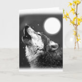 Carte de vœux Loup noir et blanc hurlant à la lune (Fleur jaune)