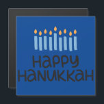 Carte de voeux magnétique Hanoukka Menorah amusant<br><div class="desc">Typographie amusante,  beaux bleus avec cette carte magnétique 5.25" Carré "Happy Hanoukka" avec Enveloppe. Dimensions de finition brillante : 5, 25 po x 5, 25 po</div>