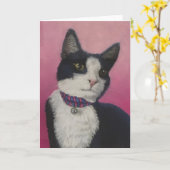 Carte de voeux noire et blanche de chat de smoking (Fleur jaune)