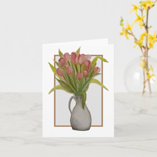 Carte de vœux ou note avec tulipe rose dans un vas (Fleur jaune)